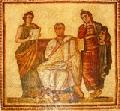 PUBLIUS VERGILIUS MARO (5) - egy Kr. u. III. szzadi tunziai mozaikon. Vergilius kt oldaln a kt Mzsa: Kalliop (az eposz)  s Melpomen (a komoly kltszet) istennje.
